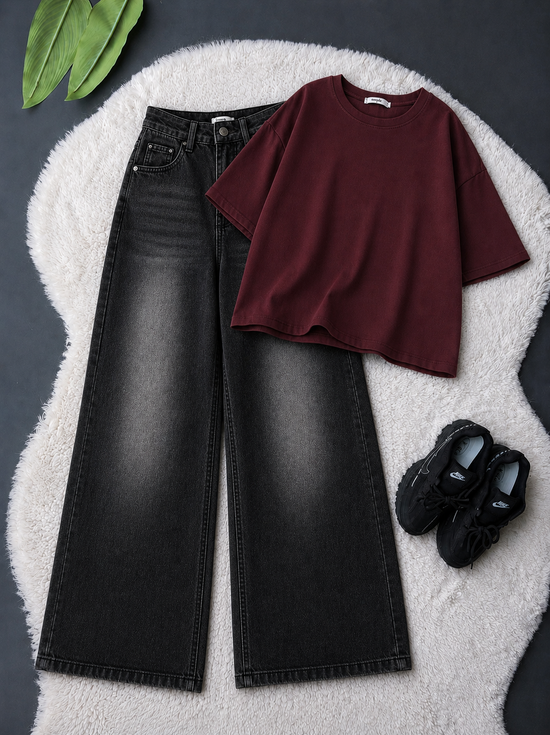 Maroon Drop Shoulder With Black Vintage Wide Leg Jeans