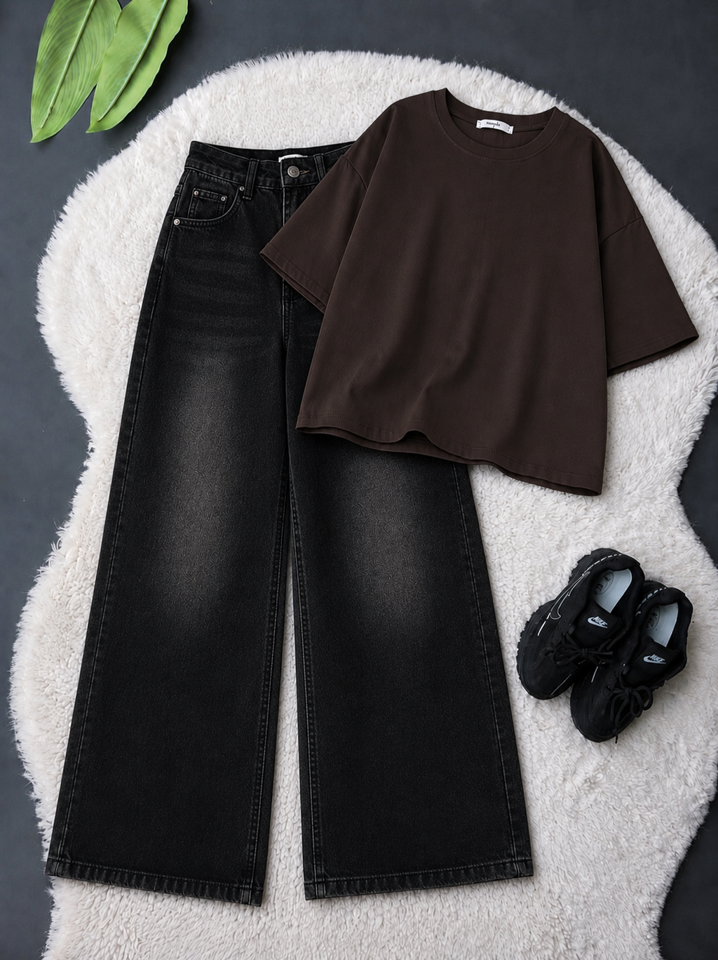 Brown Drop Shoulder With Black Vintage Wide Leg Jeans