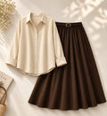 Beige Button Down Shirt & Brown Flowy Skirt