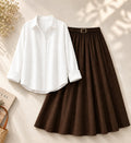 White Button Down Shirt & Brown Flowy Skirt