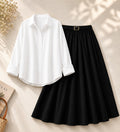 White Button Down Shirt & Black Flowy Skirt