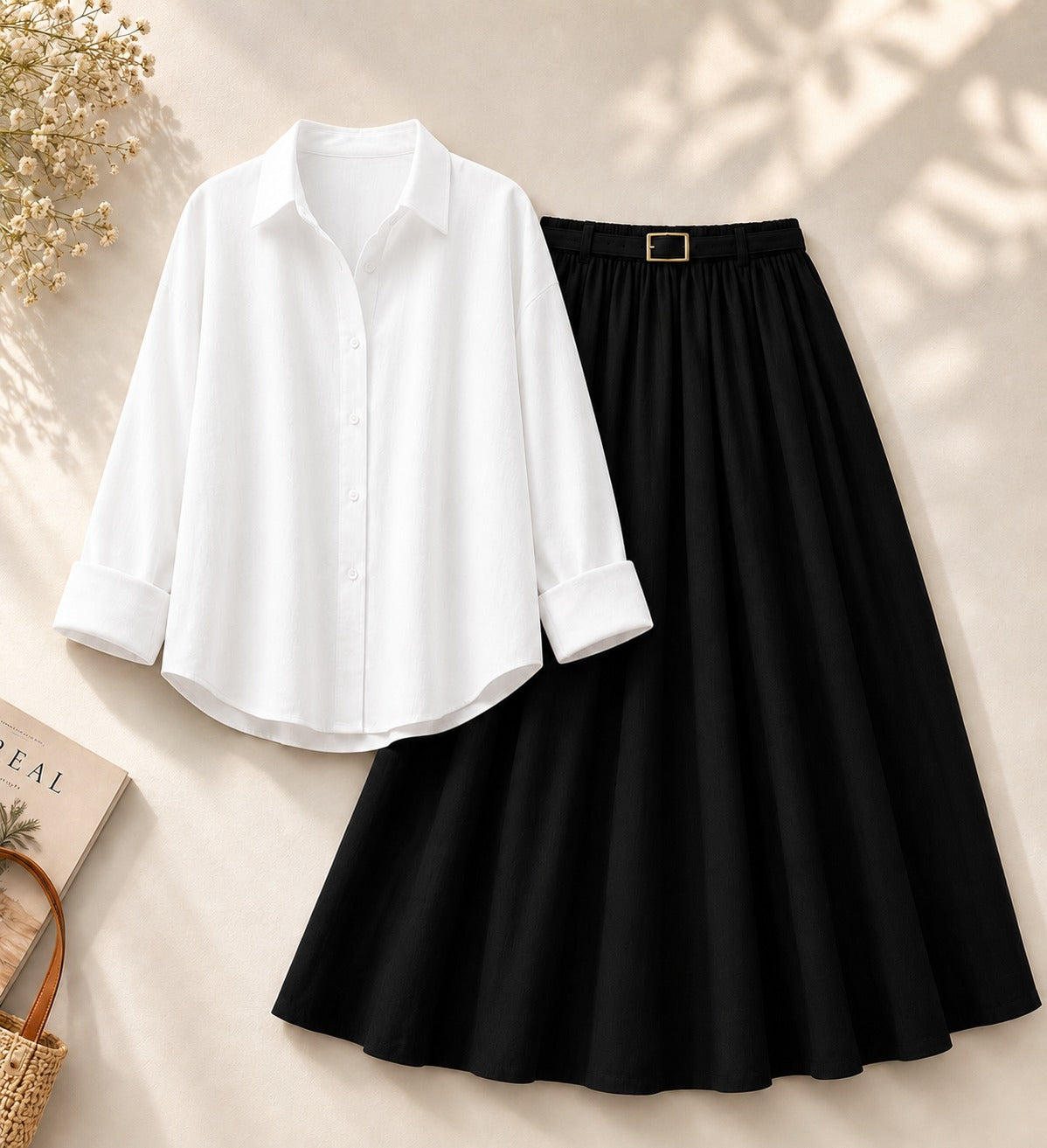 White Button Down Shirt & Black Flowy Skirt