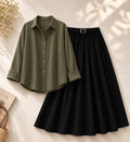 Olive-Green Button Down Shirt & Black Flowy Skirt