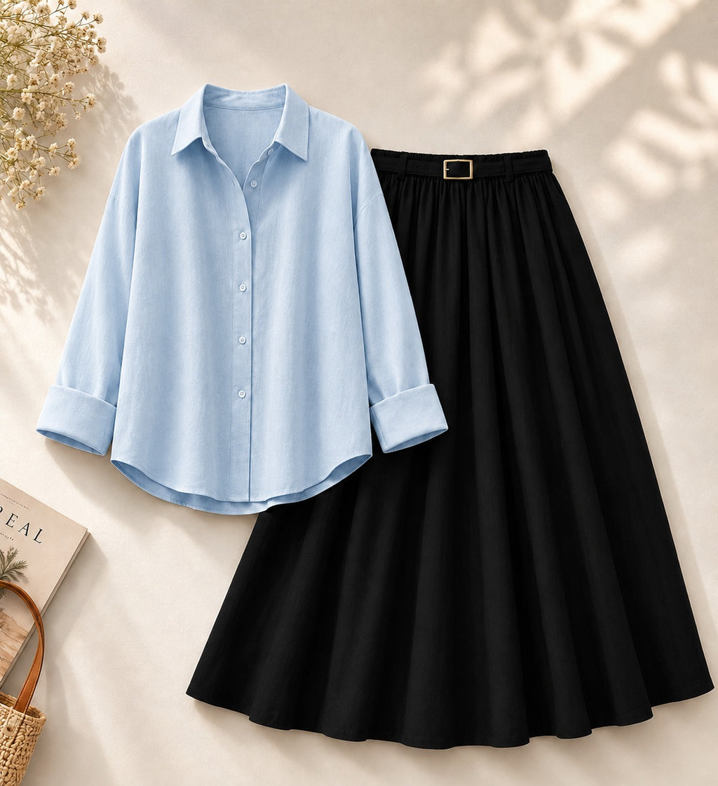 Sky-Blue Button Down Shirt & Black Flowy Skirt