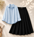 Sky-Blue Button Down Shirt & Black Flowy Skirt