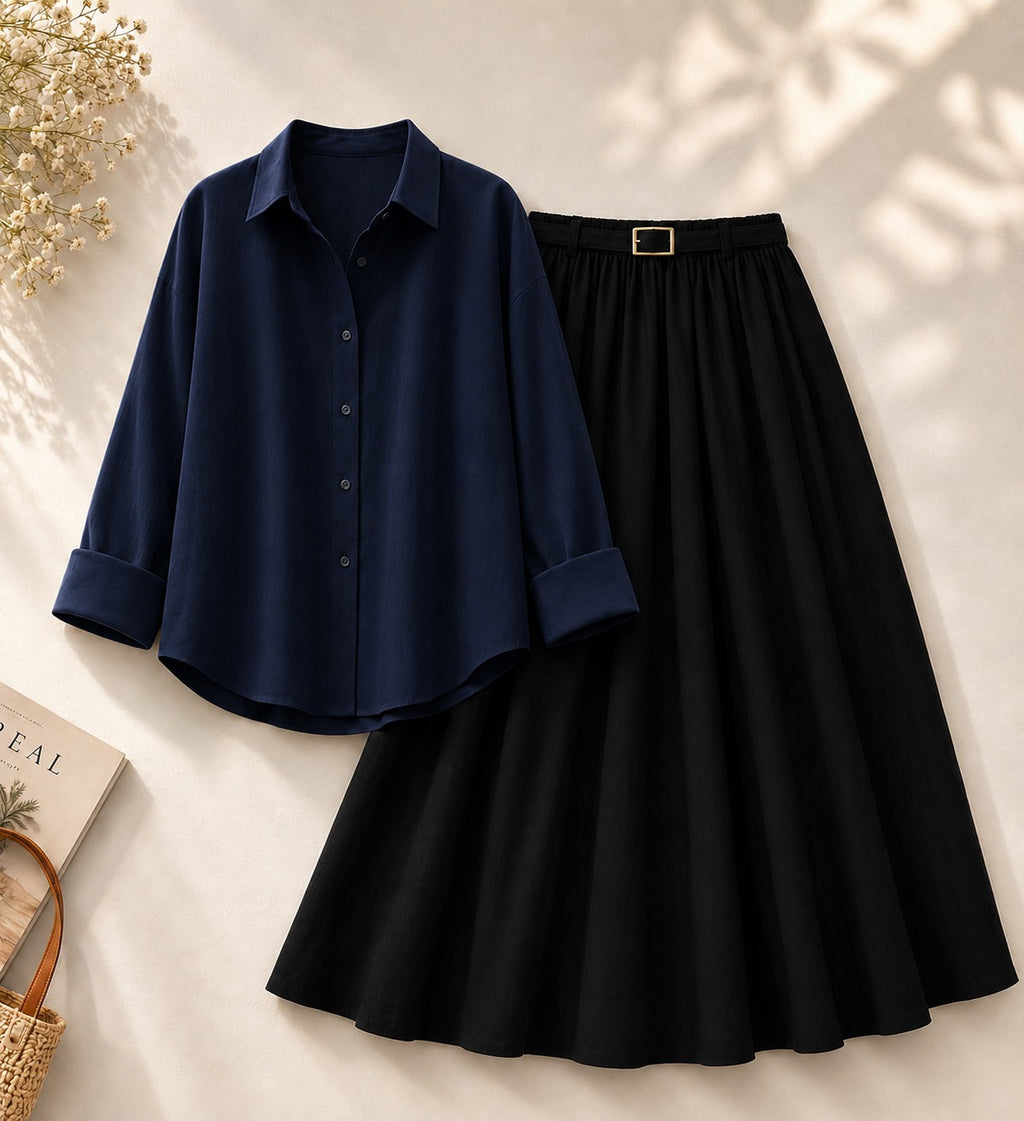 Navy-Blue Button Down Shirt & Black Flowy Skirt