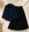 Navy-Blue Button Down Shirt & Black Flowy Skirt