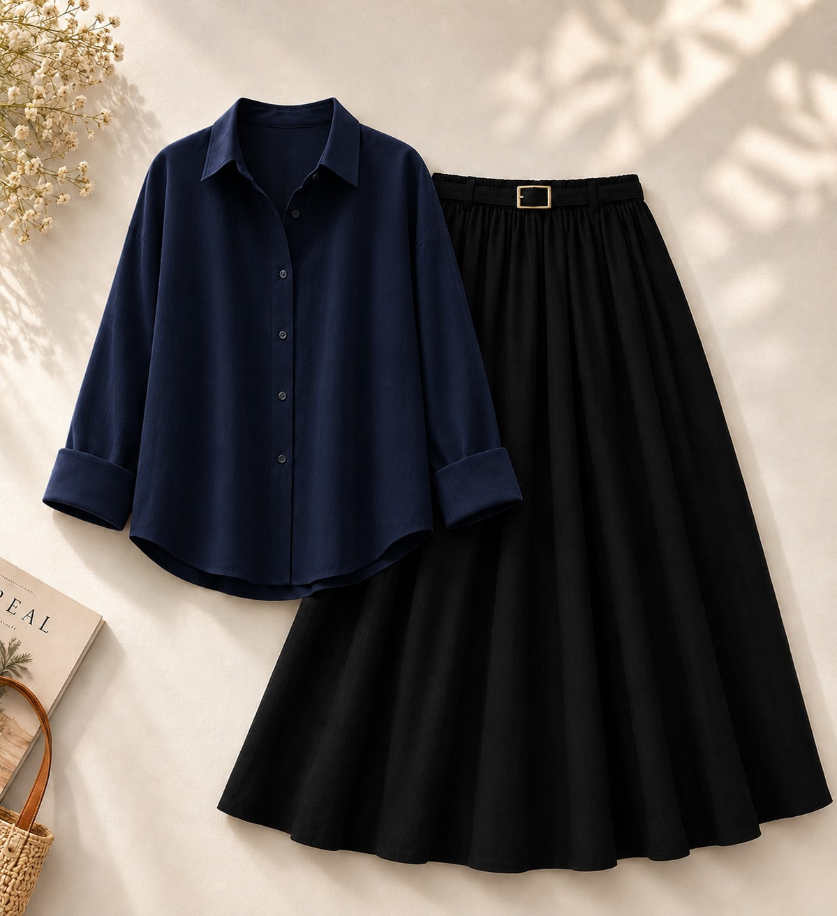 Navy-Blue Button Down Shirt & Black Flowy Skirt