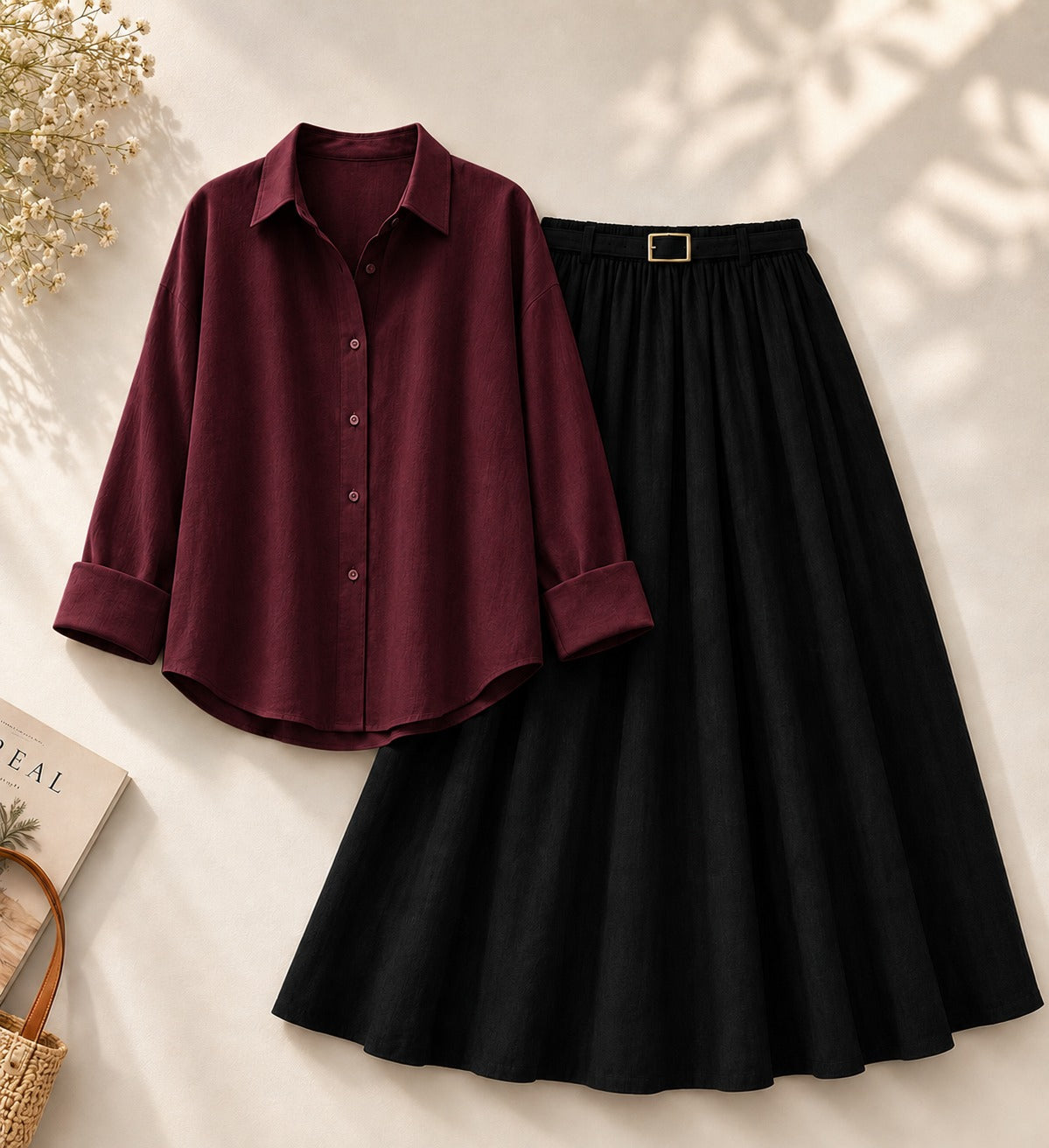 Maroon Button Down Shirt & Black Flowy Skirt