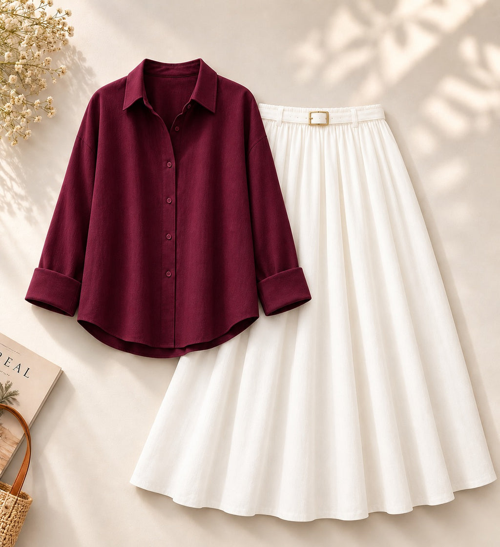Maroon Button Down Shirt & White Flowy Skirt
