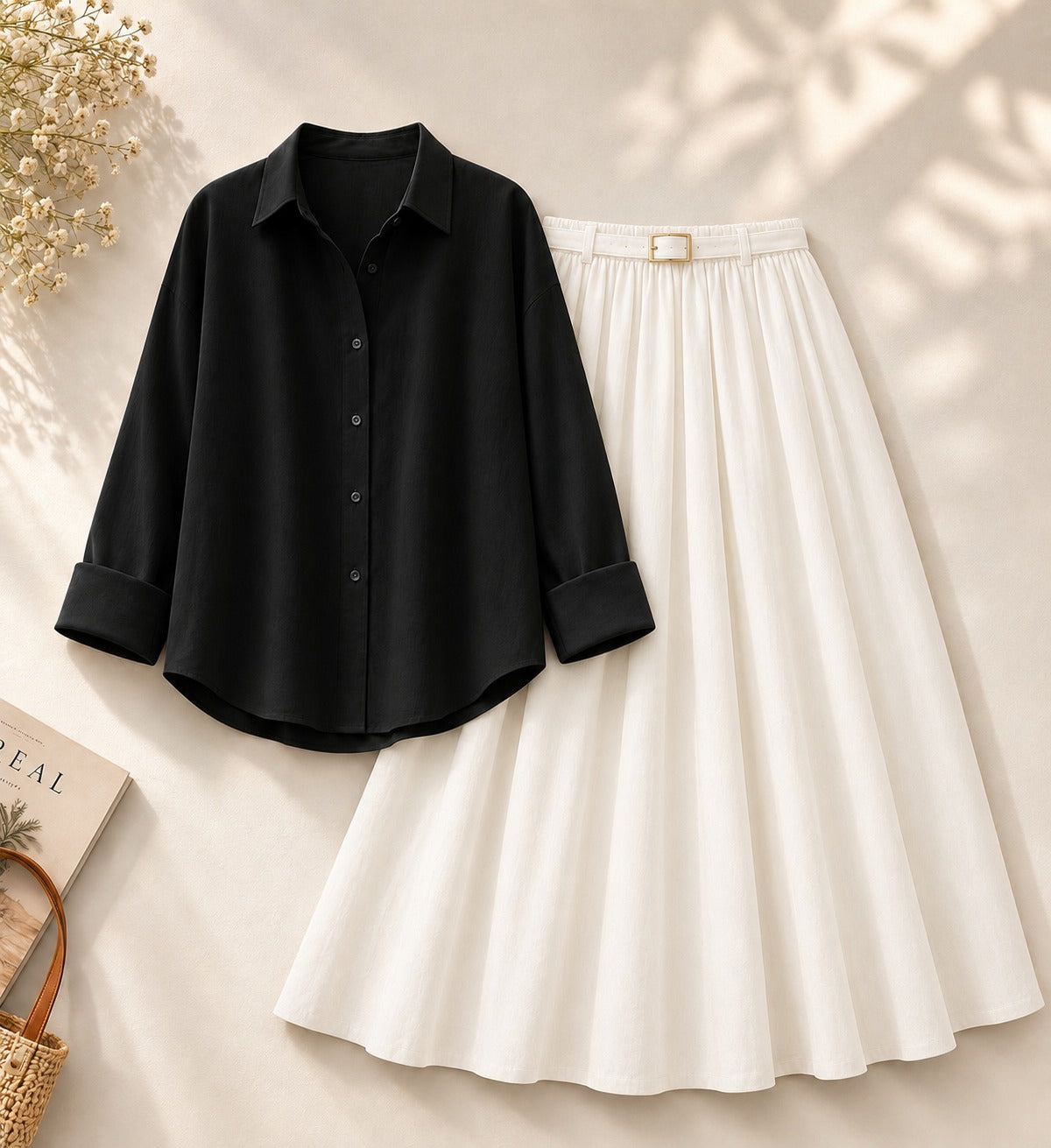 Black Button Down Shirt & White Flowy Skirt