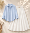 Sky-Blue Button Down Shirt & White Flowy Skirt