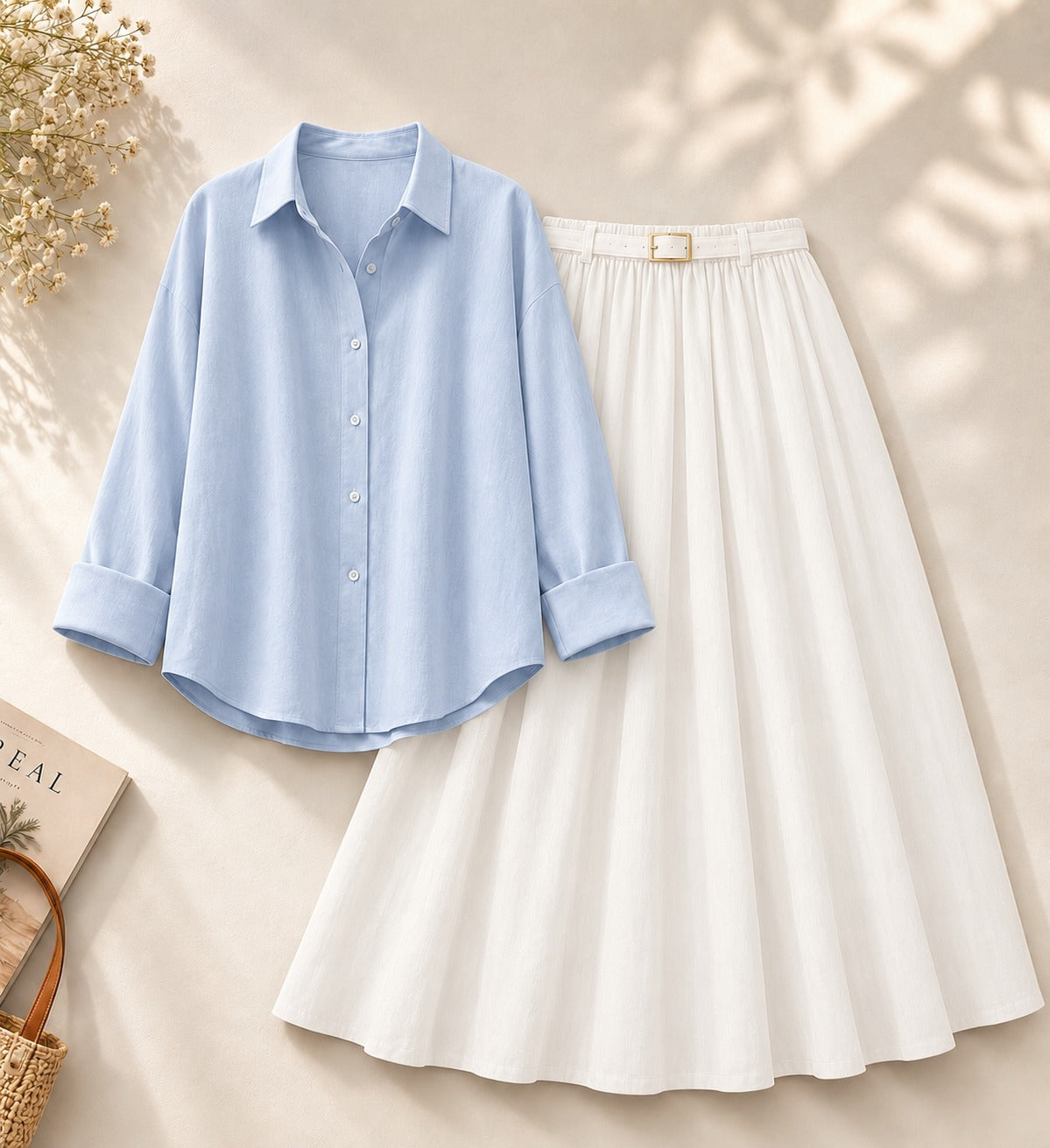Sky-Blue Button Down Shirt & White Flowy Skirt
