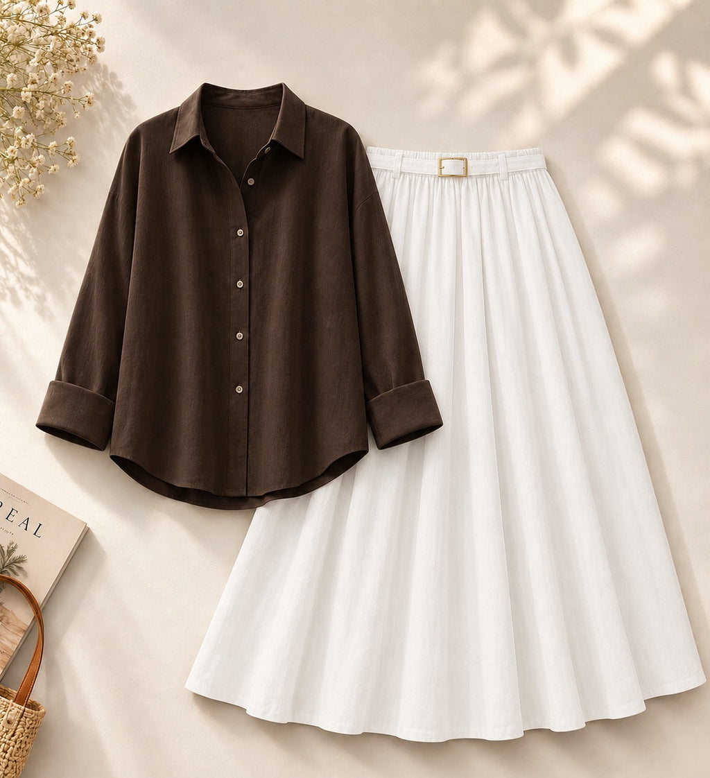 Brown Button Down Shirt & White Flowy Skirt