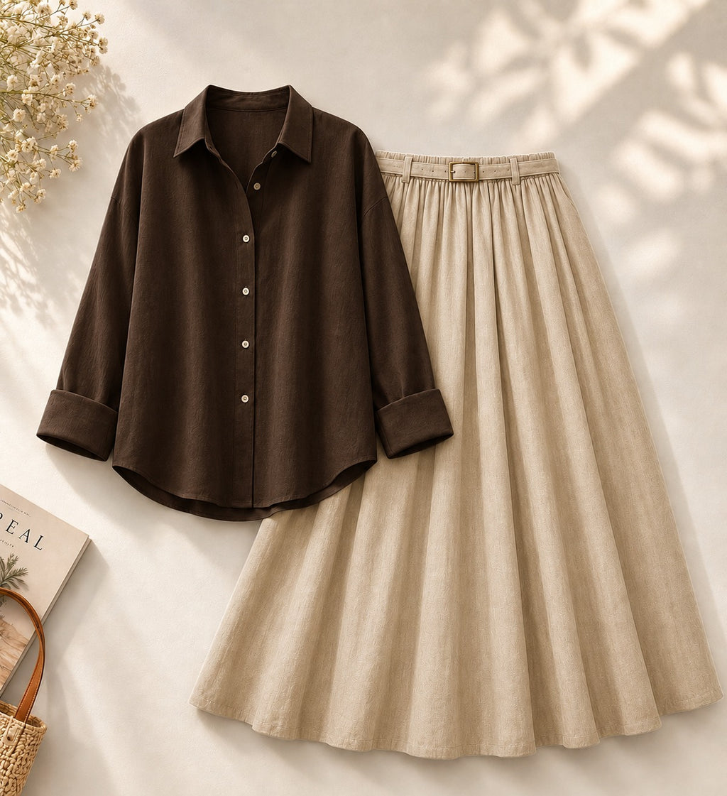 Brown Button Down Shirt & Beige Flowy Skirt