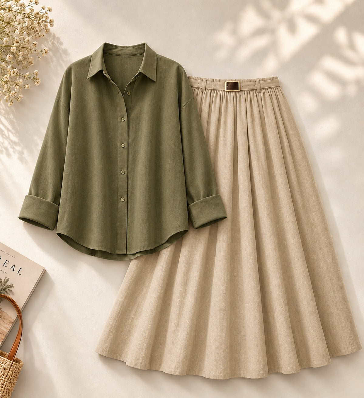Olive-Green Button Down Shirt & Beige Flowy Skirt