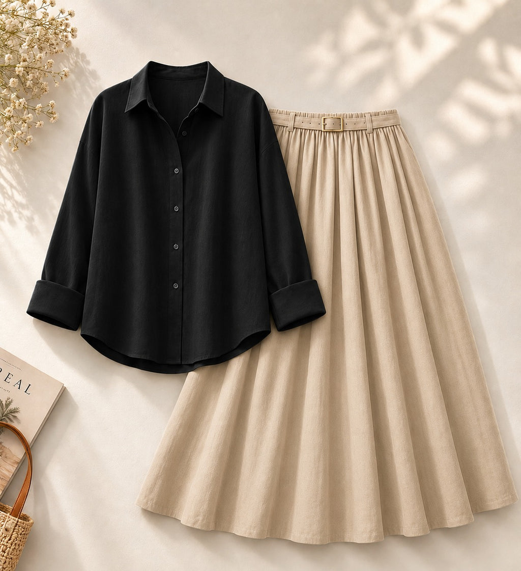 Black Button Down Shirt & Beige Flowy Skirt