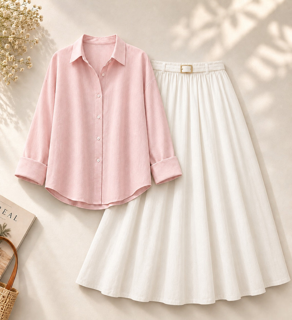 Baby-Pink Button Down Shirt & White Flowy Skirt