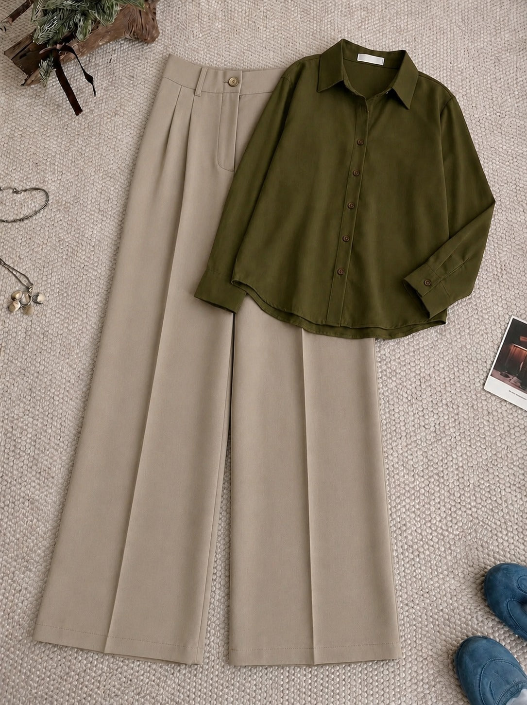 Olive-Green Button Down Shirt With Beige Formal Pant
