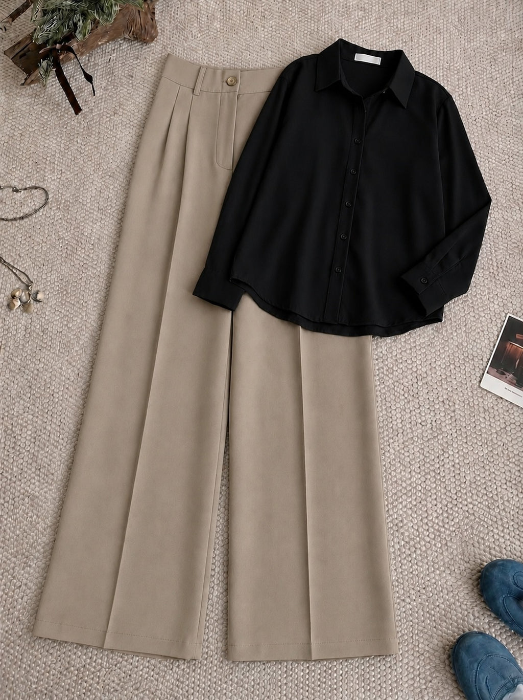 Black Button Down Shirt With Beige Formal Pant
