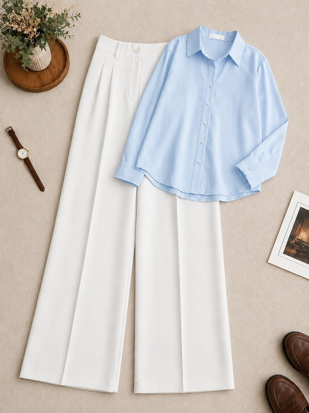 Sky-Blue Button Down Shirt With White Formal Pant