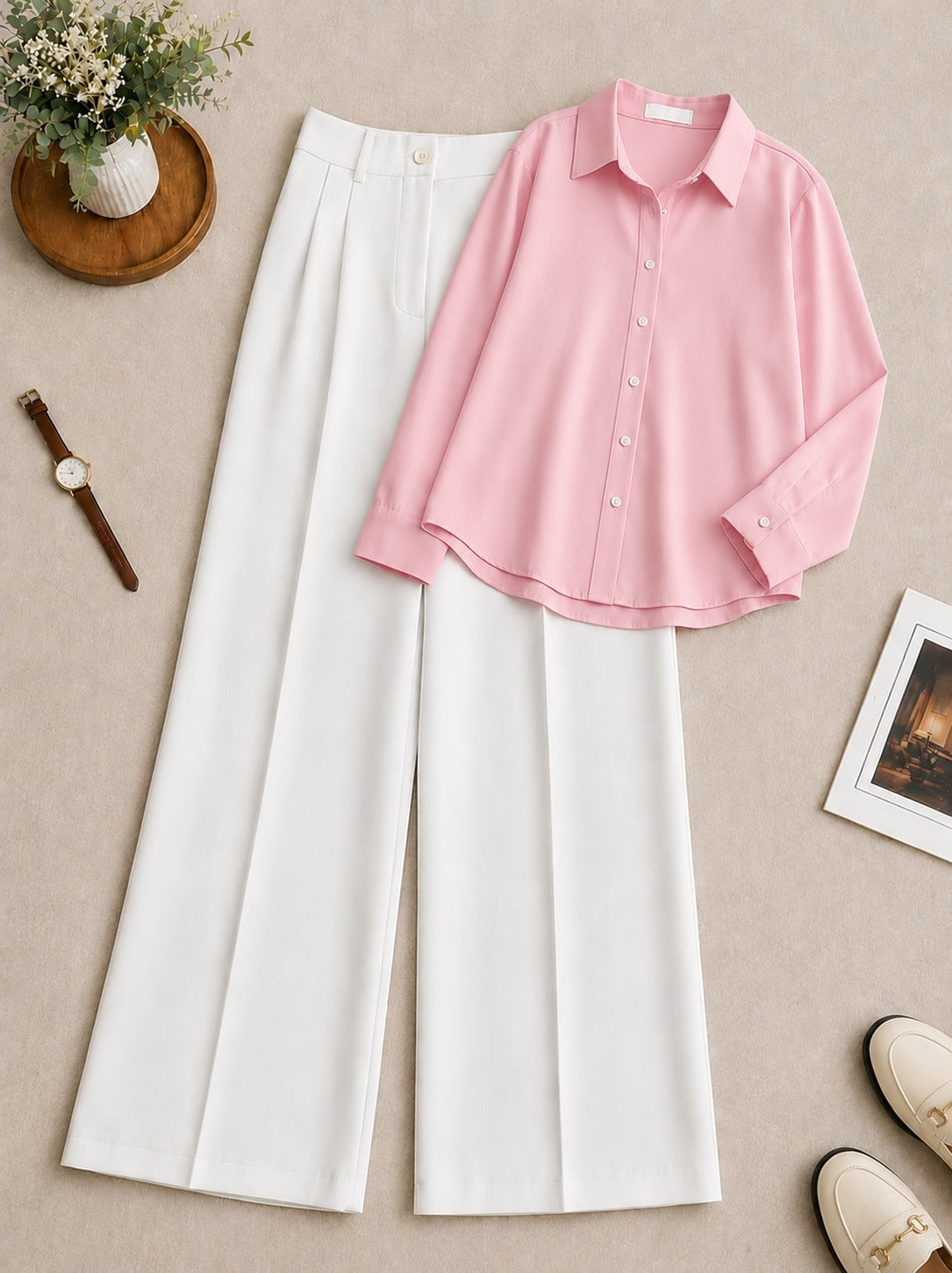 Baby-Pink Button Down Shirt With White Formal Pant