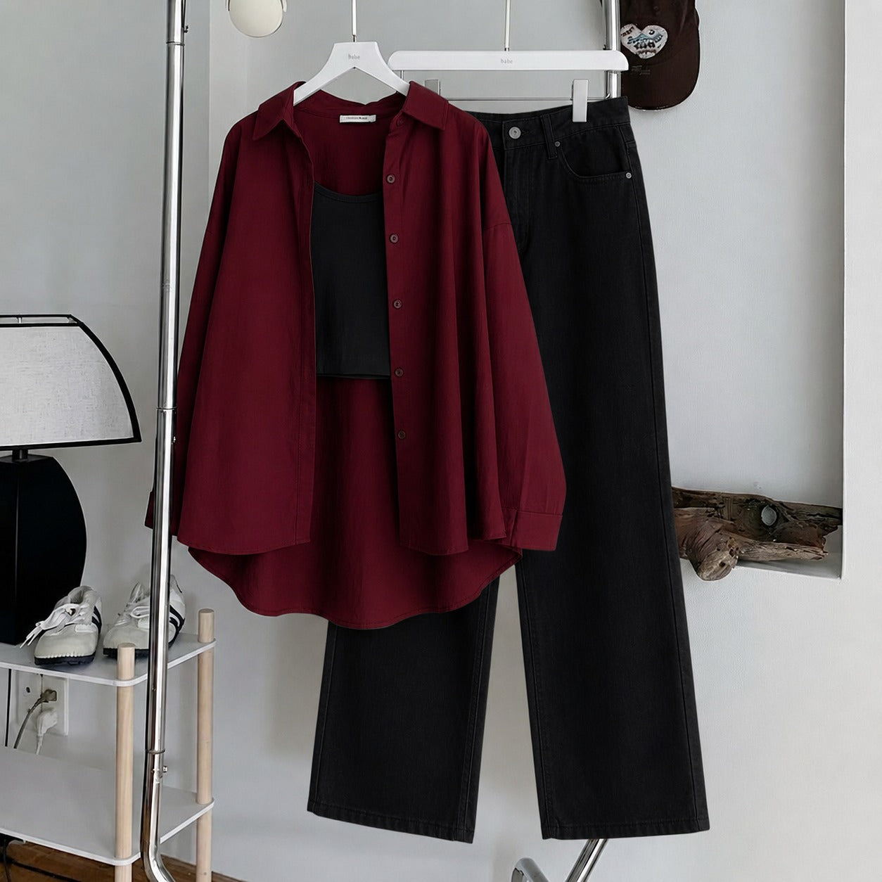 Maroon Button Down , Black Inner & Black Wide Leg Jeans