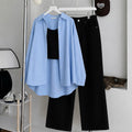 Sky-Blue Button Down , Black Inner & Black Wide Leg Jeans