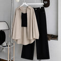 Beige Button Down , Black Inner & Black Wide Leg Jeans