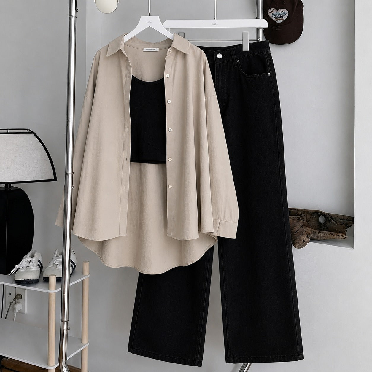Beige Button Down , Black Inner & Black Wide Leg Jeans