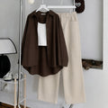 Brown Button Down , White Inner & Beige Wide Leg Jeans