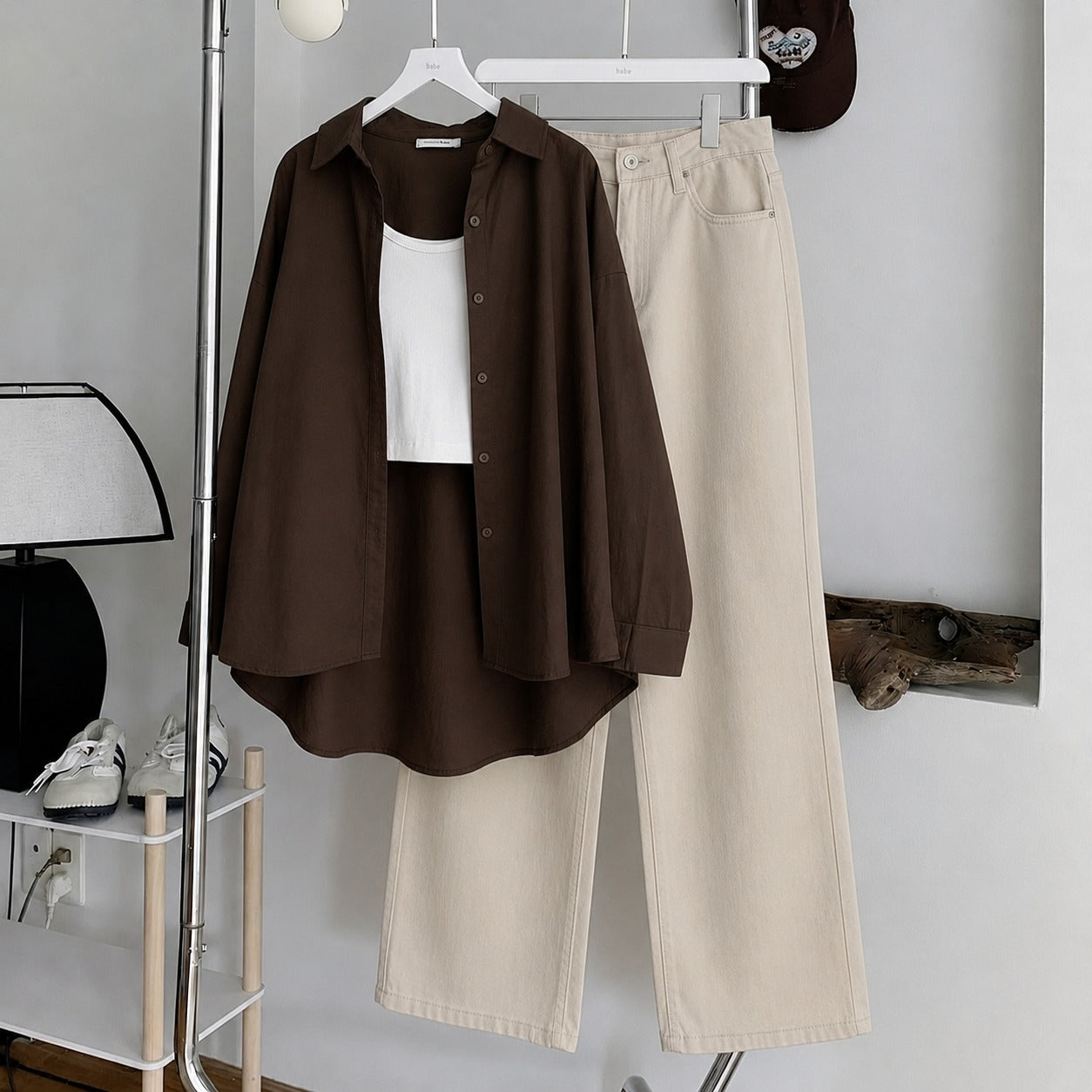 Brown Button Down , White Inner & Beige Wide Leg Jeans
