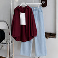Maroon Button Down , White Inner & Ice-Blue Wide Leg Jeans