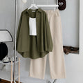 Olive-Green Button Down , White Inner & Beige Wide Leg Jeans