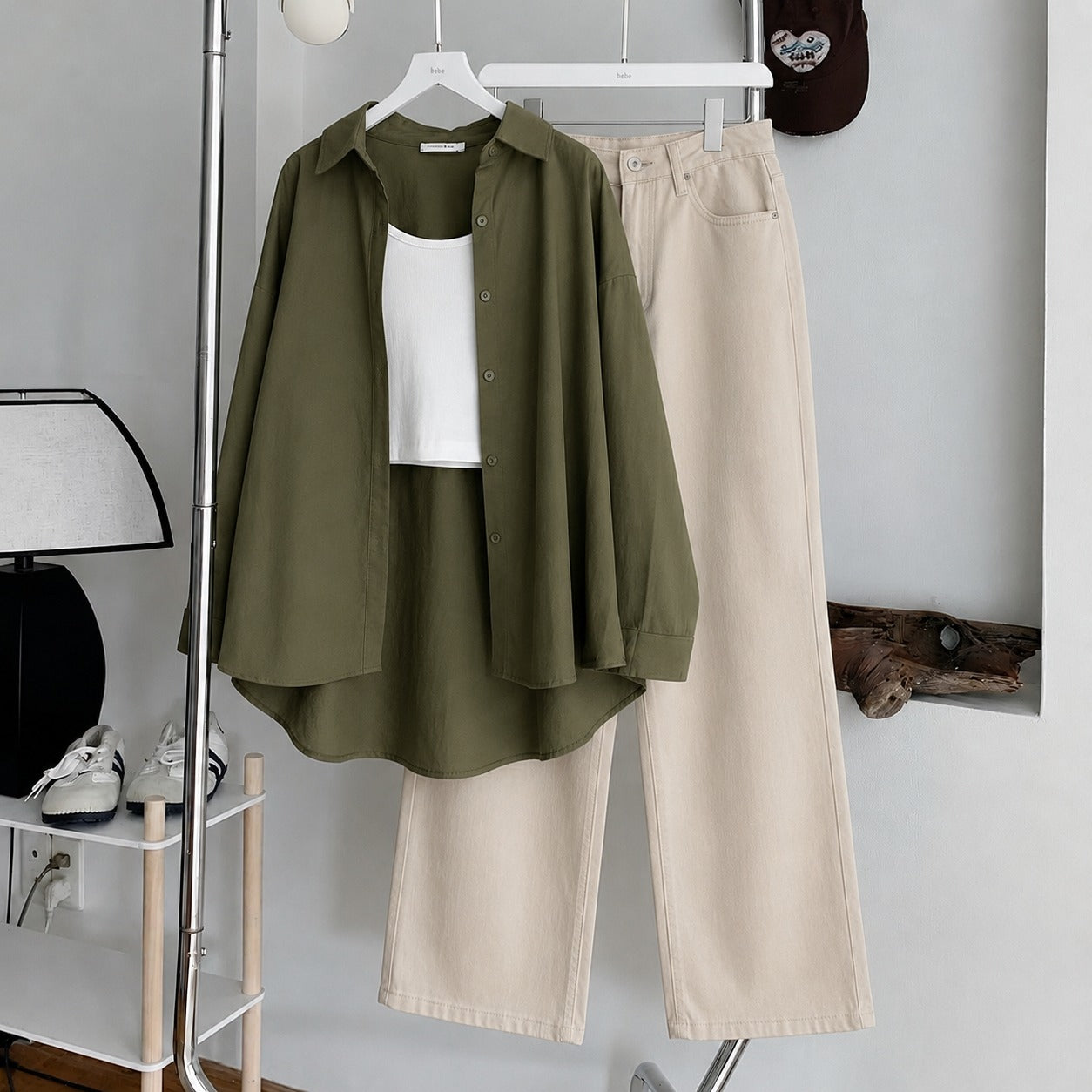 Olive-Green Button Down , White Inner & Beige Wide Leg Jeans