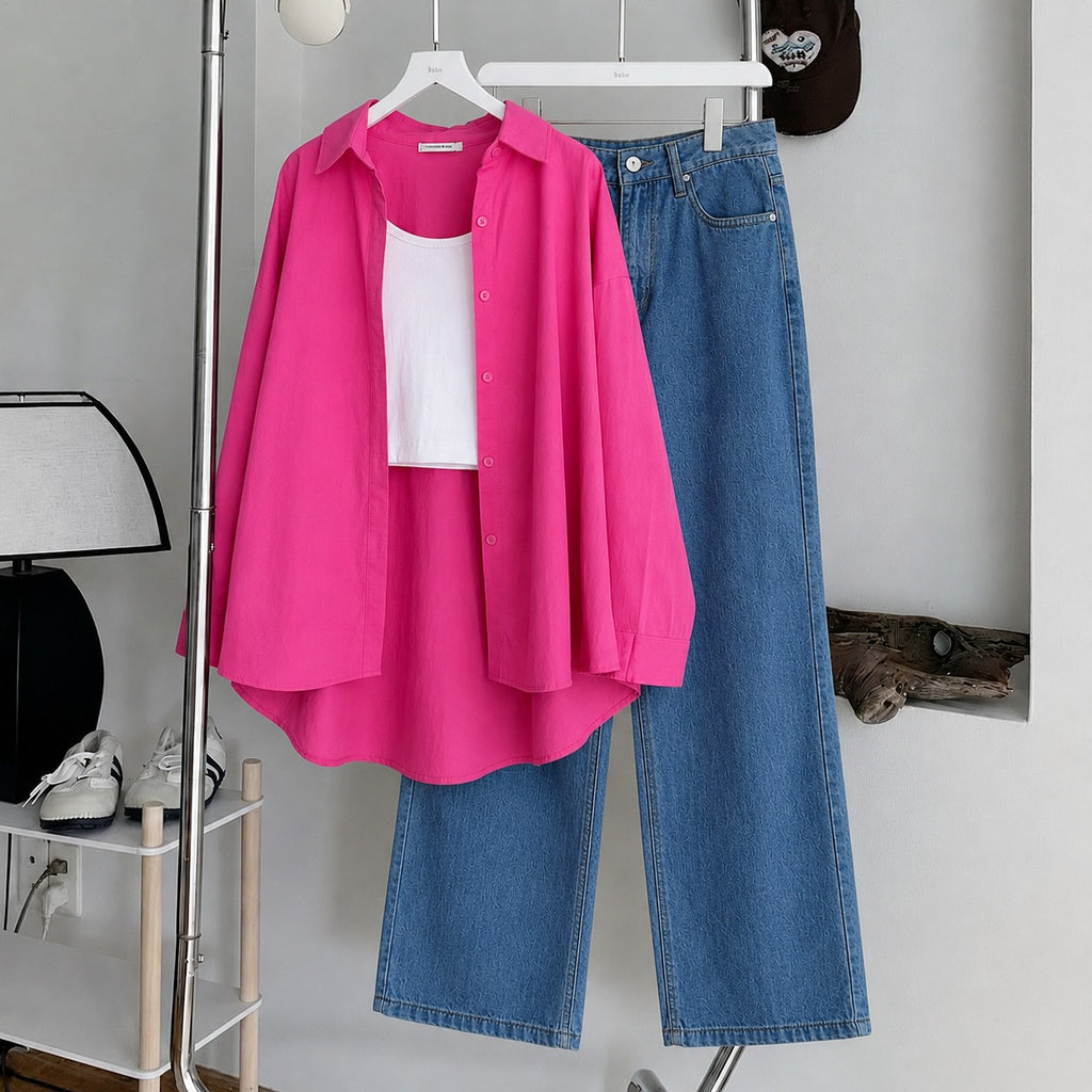 Hot-Pink Button Down , White Inner & Dark-Blue Wide Leg Jeans