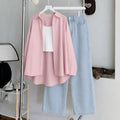 Baby-Pink Button Down , White Inner & Ice-Blue Wide Leg Jeans