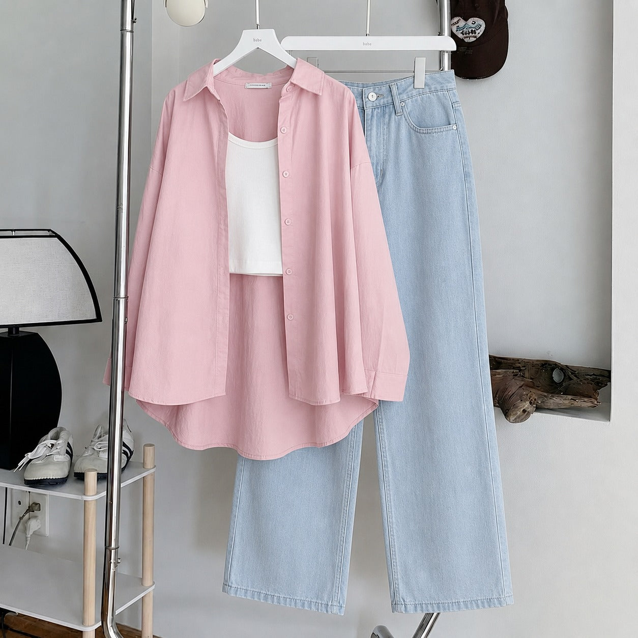 Baby-Pink Button Down , White Inner & Ice-Blue Wide Leg Jeans