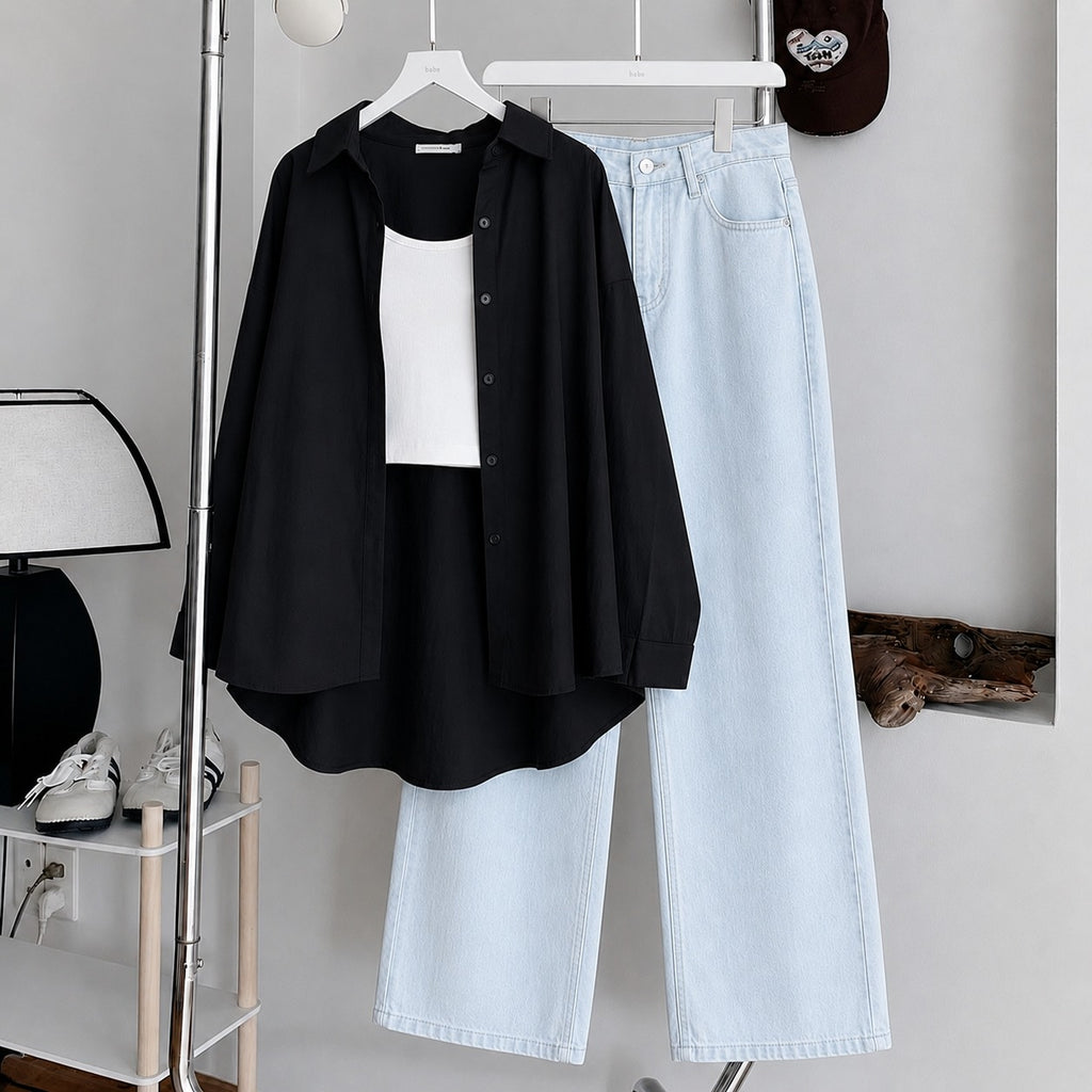 Black Button Down , White Inner & Ice-Blue Wide Leg Jeans