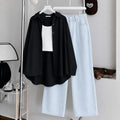 Black Button Down , White Inner & Ice-Blue Wide Leg Jeans