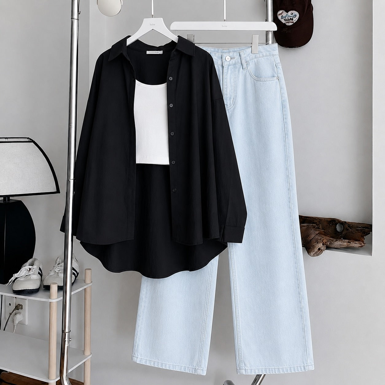 Black Button Down , White Inner & Ice-Blue Wide Leg Jeans