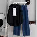 Black Button Down , White Inner & Dark-Blue Wide Leg Jeans