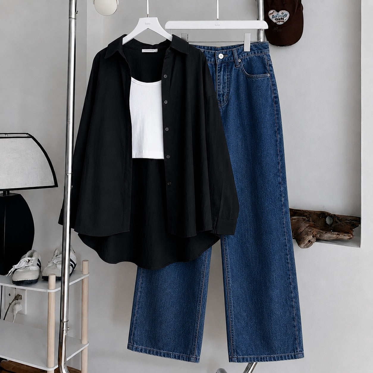 Black Button Down , White Inner & Dark-Blue Wide Leg Jeans