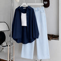 Navy-blue Button Down , White Inner & Ice-Blue Wide Leg Jeans