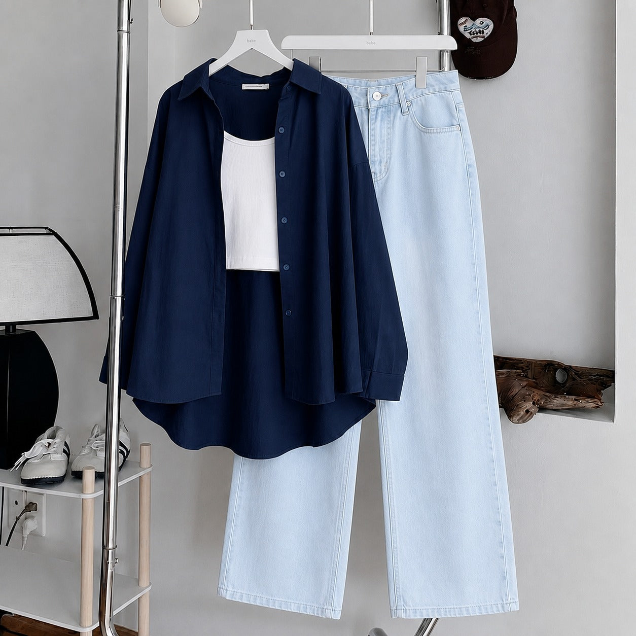 Navy-blue Button Down , White Inner & Ice-Blue Wide Leg Jeans