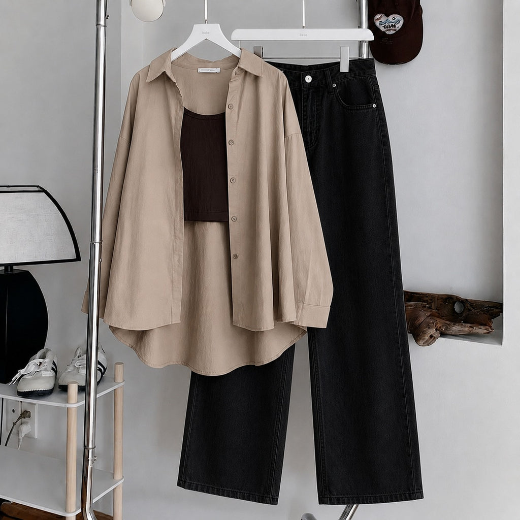 Beige Button Down , Brown Inner & Black Wide Leg Jeans