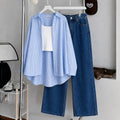 Sky-Blue Striped Button Down , White Inner & Dark-Blue Wide Leg Jeans