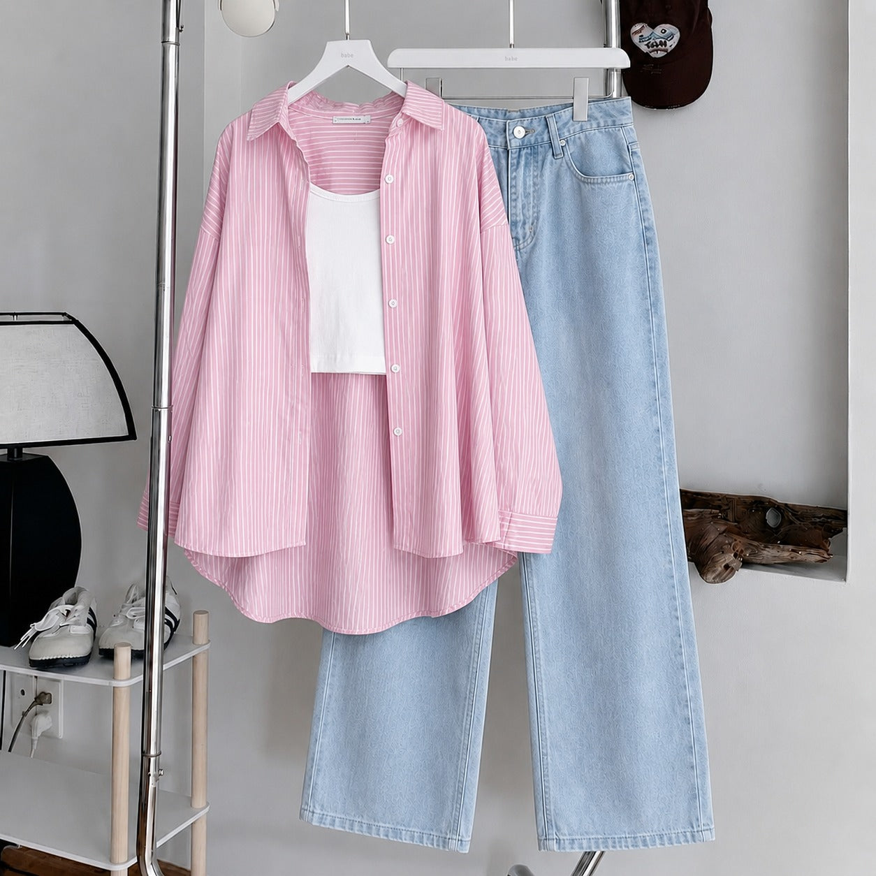 Baby Pink Striped Button Down , White Inner & Ice-Blue Wide Leg Jeans