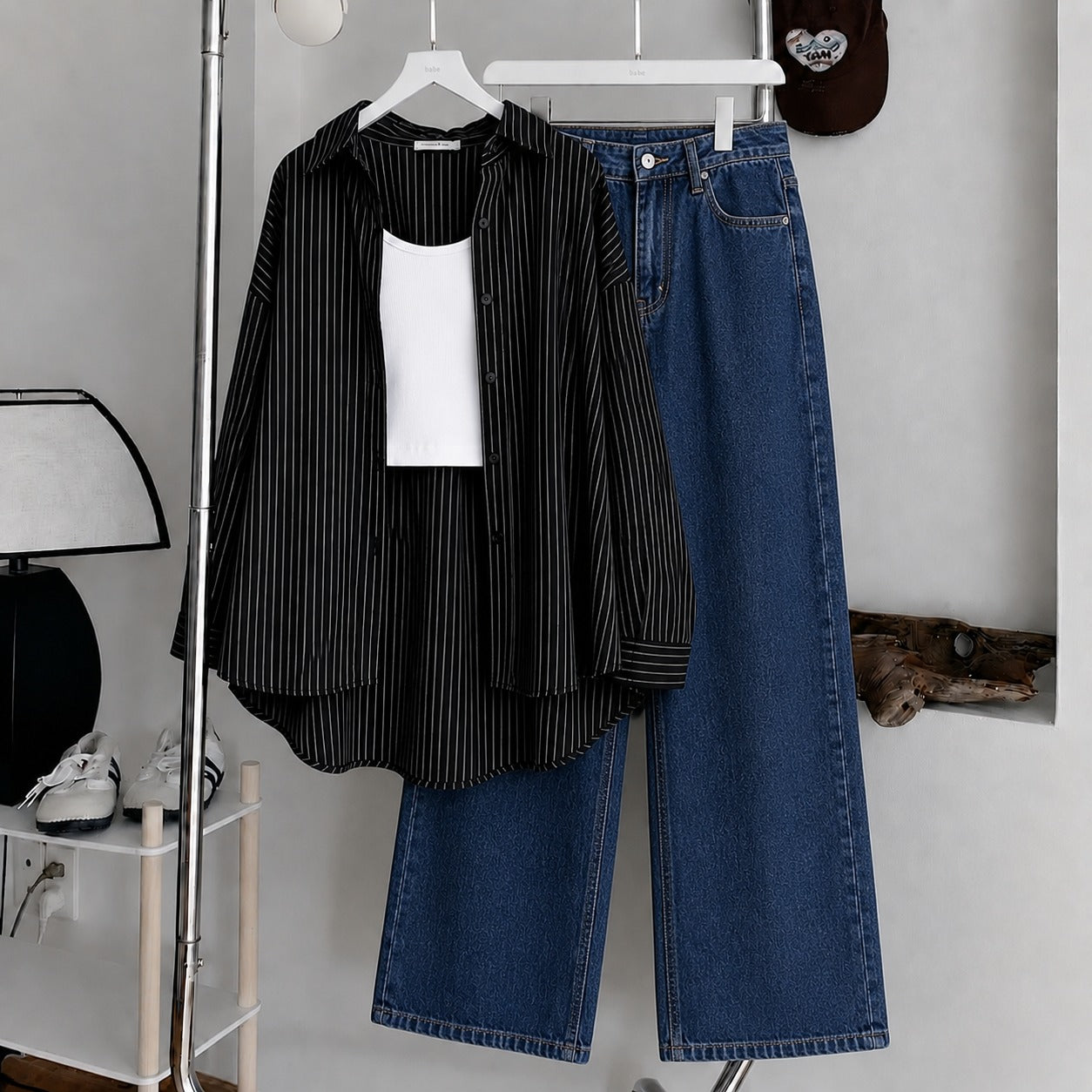 Black Button Striped Down , White Inner & Dark-Blue Wide Leg Jeans