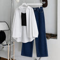 White Button Down , Black Inner & Dark-Blue Wide Leg Jeans